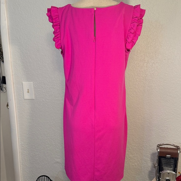 Women's Hot Pink Ruffle Sleeve Midi Dress - Picture 9 of 12